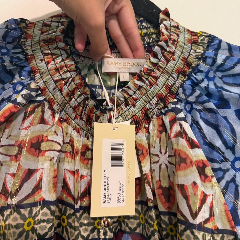 Ramy Brook Chela Smocked Neck Patchwork Metallic Blouse Blue Green L Large NWT - Picture 4 of 4